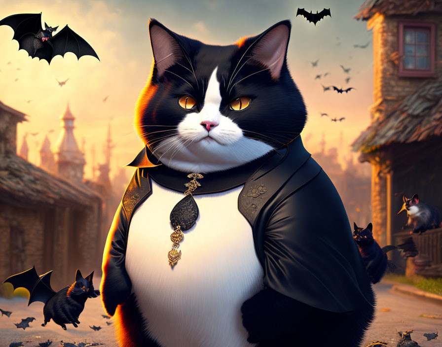 Monochrome cat in vampire costume with bats and spooky town background