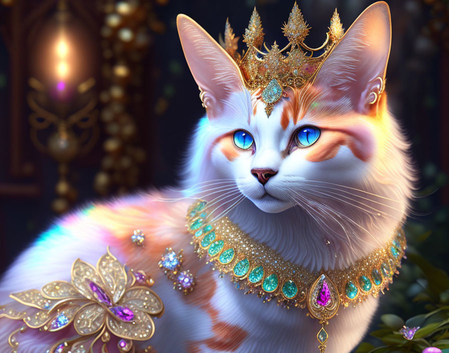 Regal Cat with Blue Eyes and Golden Crown on Glowing Background