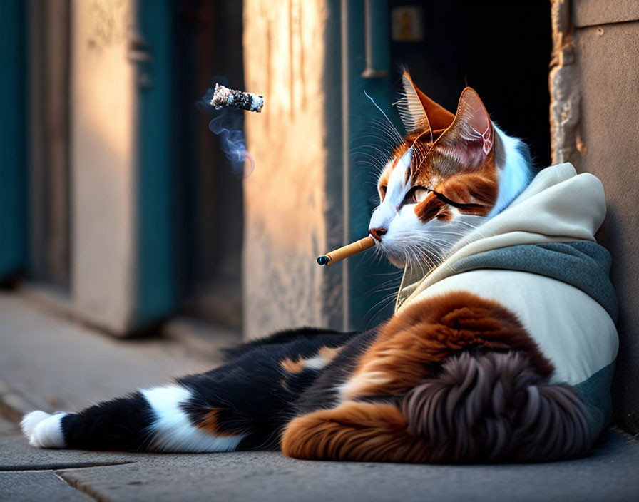 Digital artwork of a cat in a hoodie with a cigar, lounging against a wall