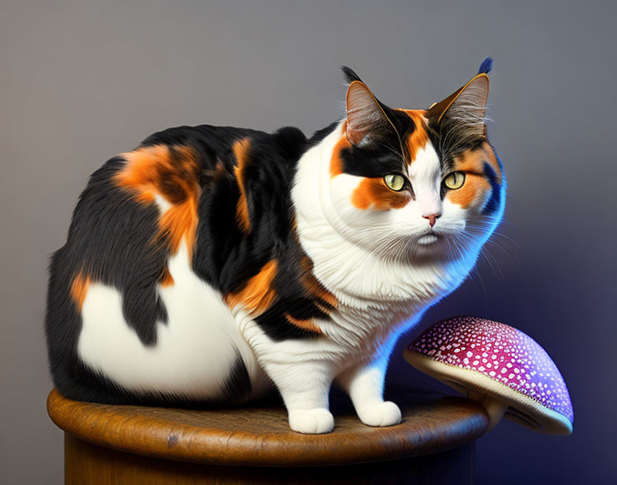 Calico Cat with Green Eyes Beside Purple-Spotted Mushroom