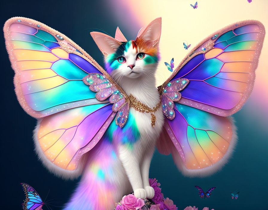 Colorful Calico Cat with Butterfly Wings and Glittery Jewels