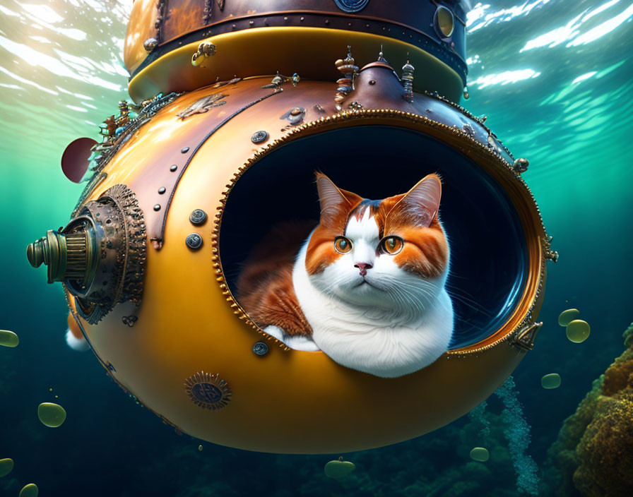 Cat with unique markings in vintage deep-sea diving helmet underwater