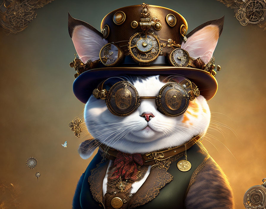 Steampunk-themed cat digital art with top hat and goggles