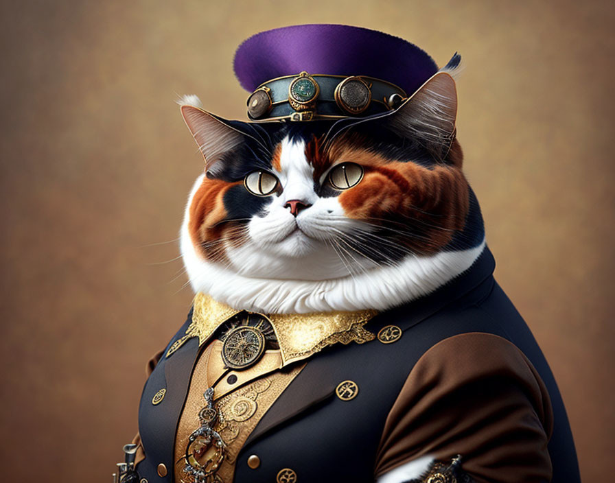 Steampunk-style digital artwork featuring cat in human-like attire