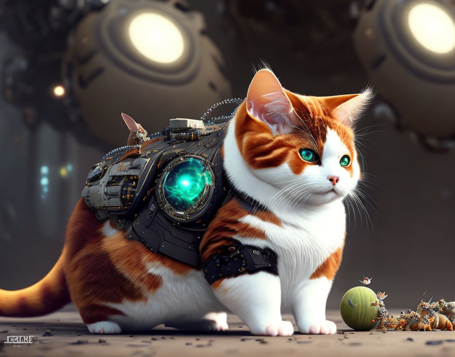 Orange and White Cat with Futuristic Mechanical Harness in Sci-Fi Setting