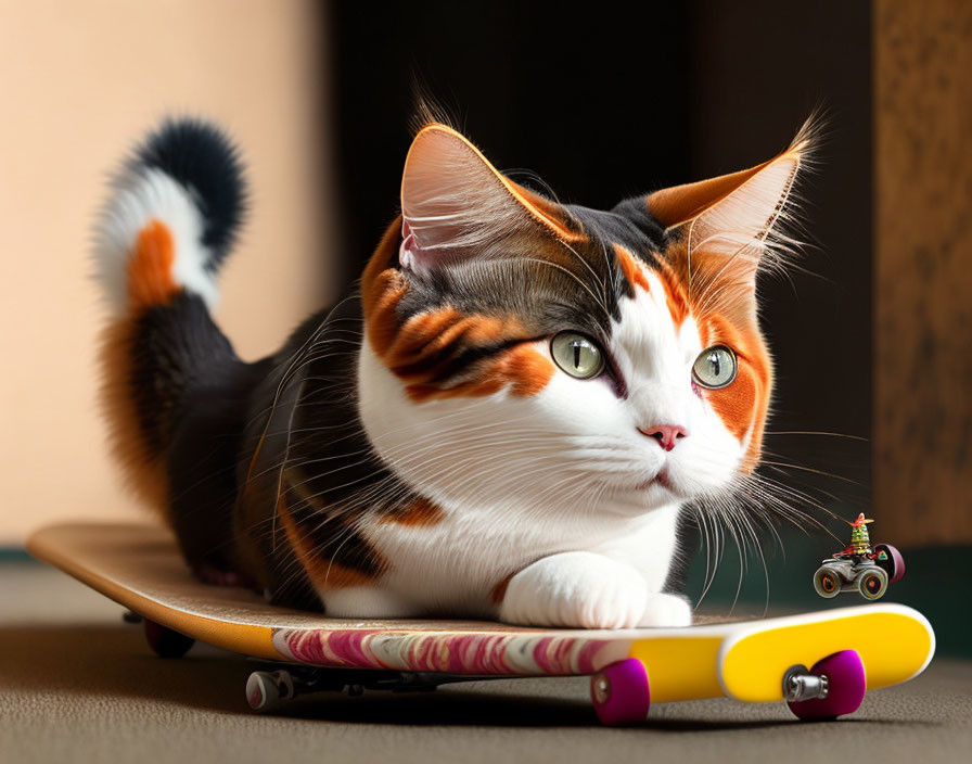 Digitally altered photo: Cat with big eyes on skateboard gazes at tiny figure on mini skateboard