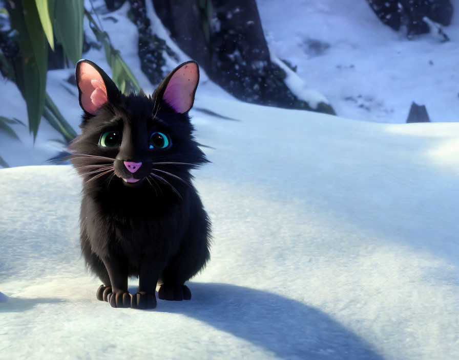 Smiling Black Animated Cat in Snowy Winter Scene