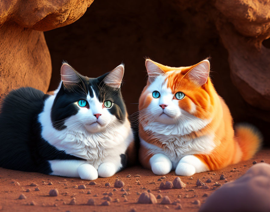 Vibrant digitally-enhanced cats with striking blue eyes on rocky desert ground