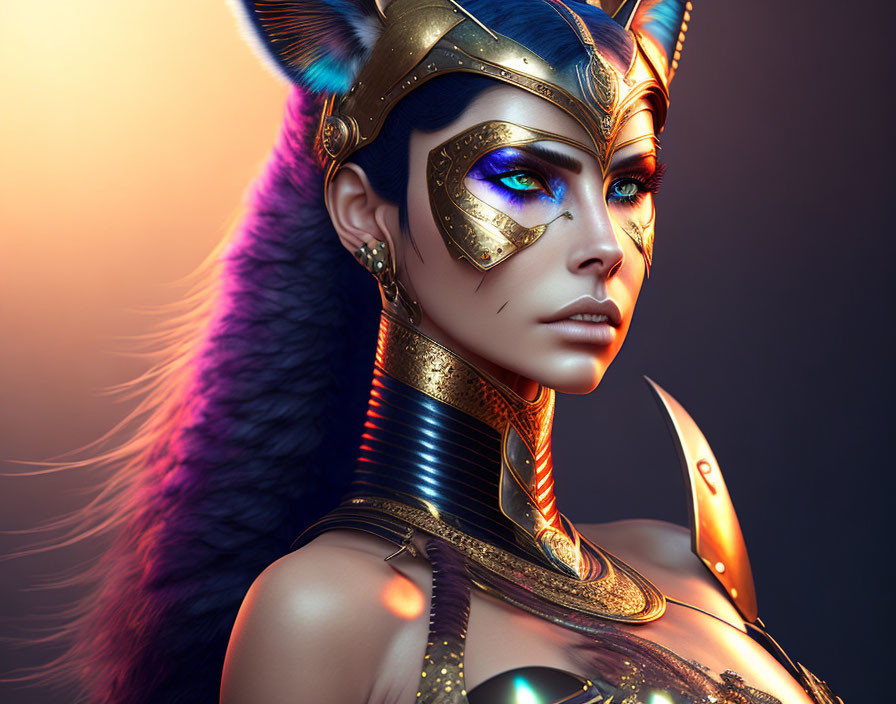 Digital Artwork: Female Character with Feline Features and Egyptian-Inspired Accessories