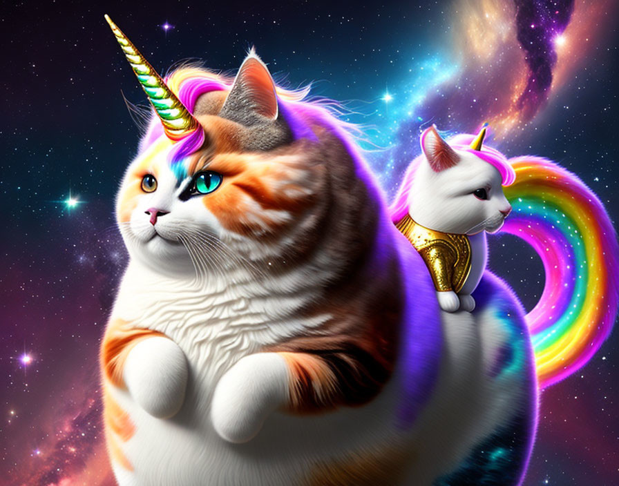 Two unicorn-styled cats in cosmic scene with rainbow elements