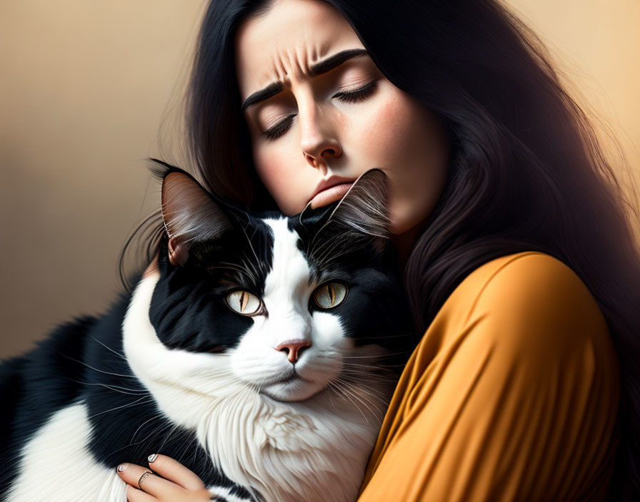 Woman in Mustard Top Embraces Contemplative Black and White Cat