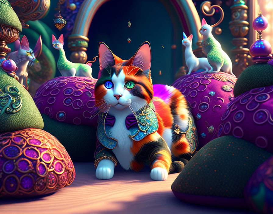 Vibrant cat in royal attire with ornate cushions in fantastical scene