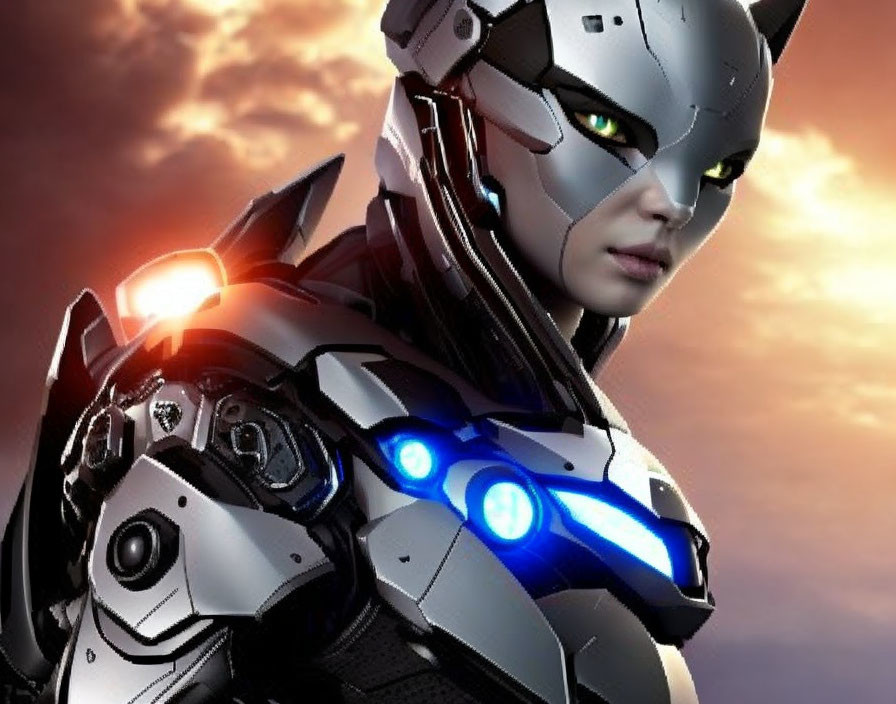 Detailed humanoid robot with glowing green eyes against dramatic sky