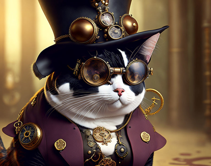 Steampunk-themed cat with top hat, goggles, and gears