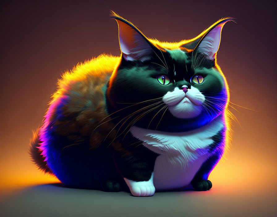 Stylized chubby cat with green eyes and colorful fur palette