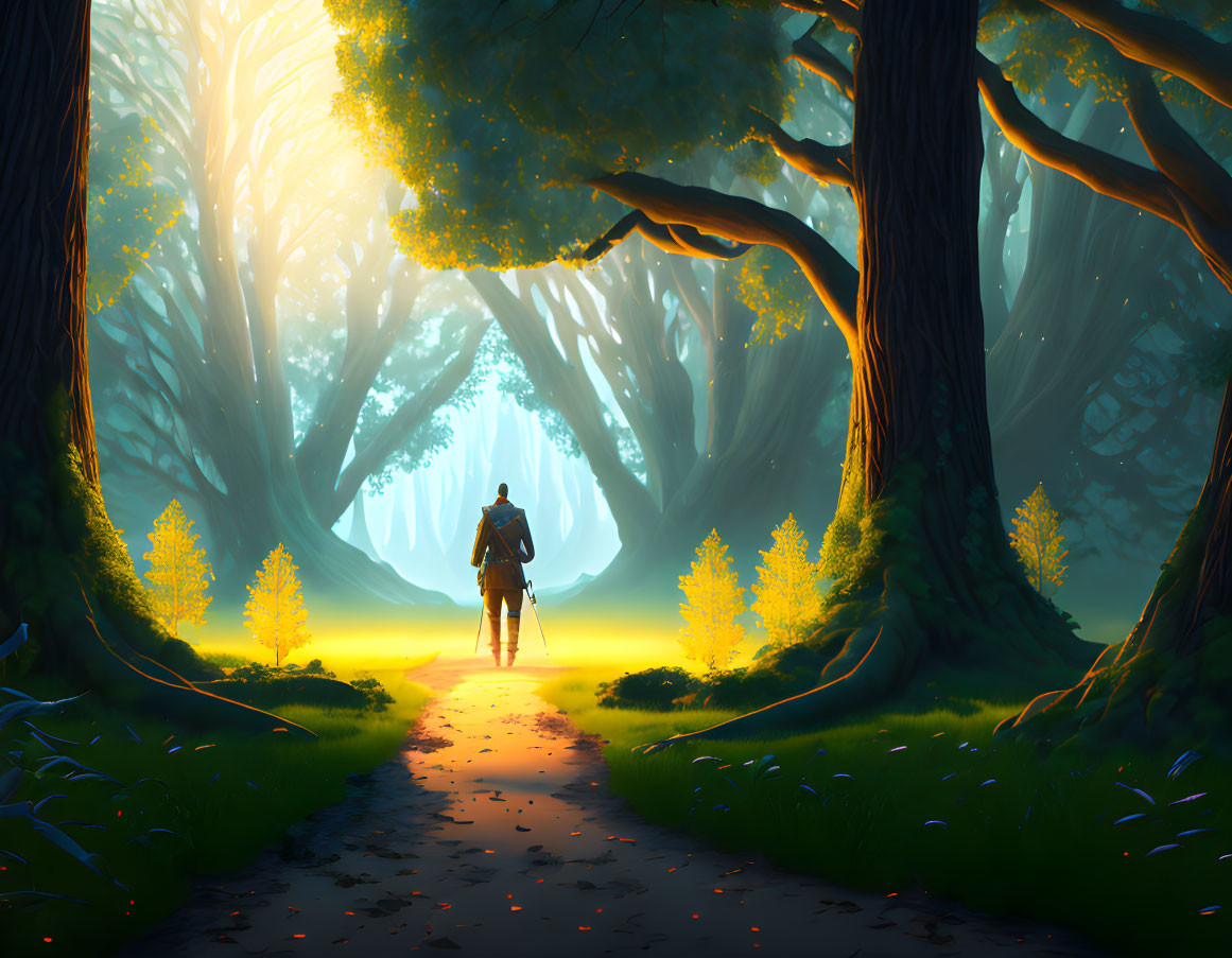 Tranquil forest pathway with traveler and deer in warm light