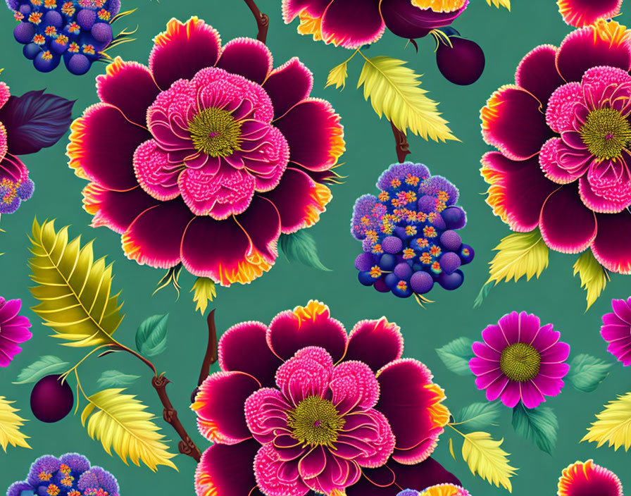 Colorful Floral Pattern Featuring Pink and Red Peonies and Purple Berries on Green Background