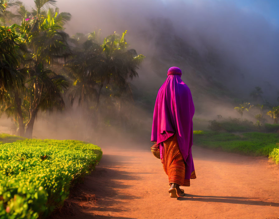 Person in Vibrant Purple Cloth Walking in Misty Tropical Setting