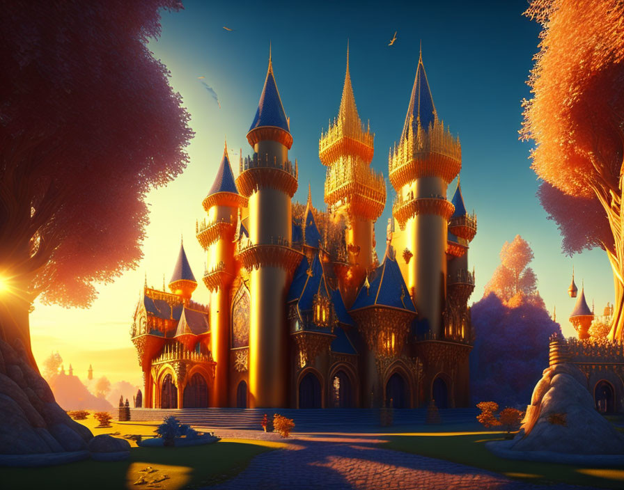 Majestic castle with golden spires amidst autumn trees at sunset