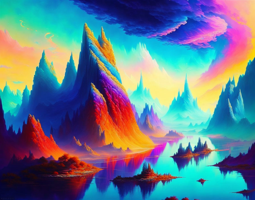Colorful Pointed Mountains in Swirling Sky Landscape