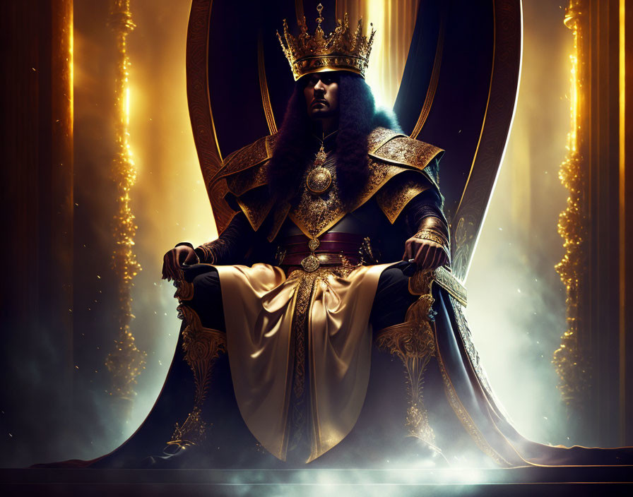 Regal figure in gold-adorned black armor on throne with dramatic lighting