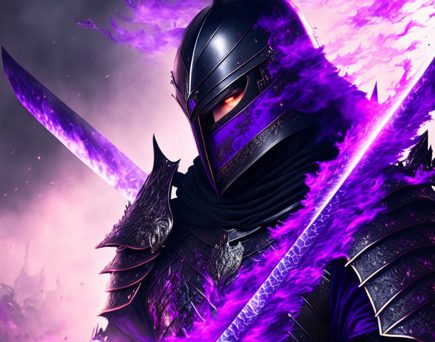 Menacing knight in dark armor with glowing red eyes and mystical purple energy.