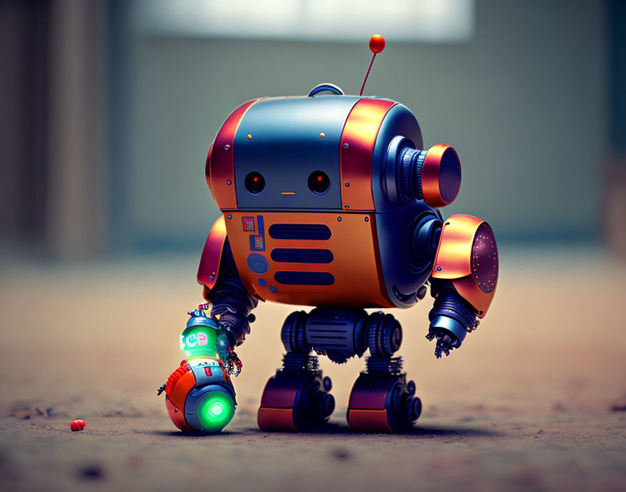 Colorful Vintage-Style Robot Toy Giving Can to Smaller Robot