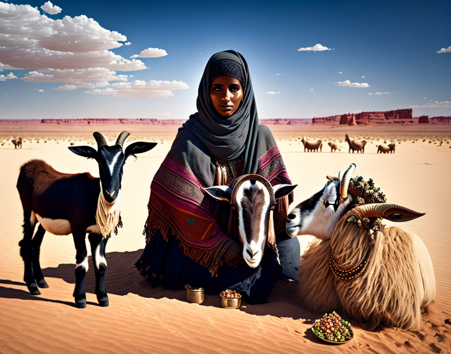 Woman in traditional attire with adorned goats in desert under blue sky.