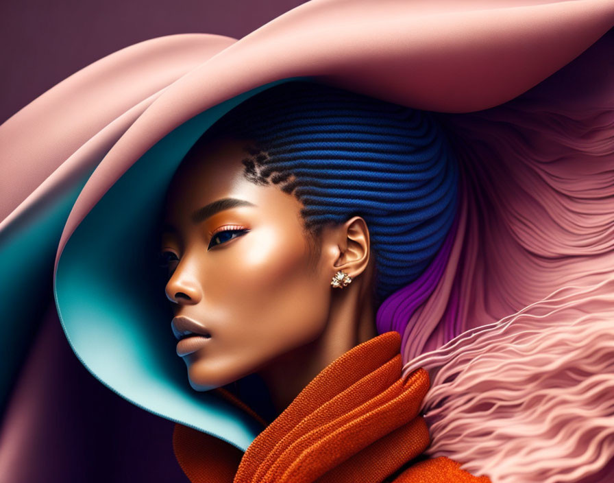 Vibrant digital artwork of woman in orange turtleneck & multicolored hat