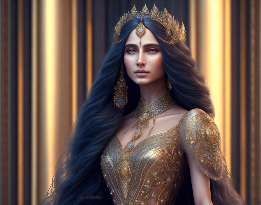 Dark-haired woman in golden crown and ornate armor against glowing lines