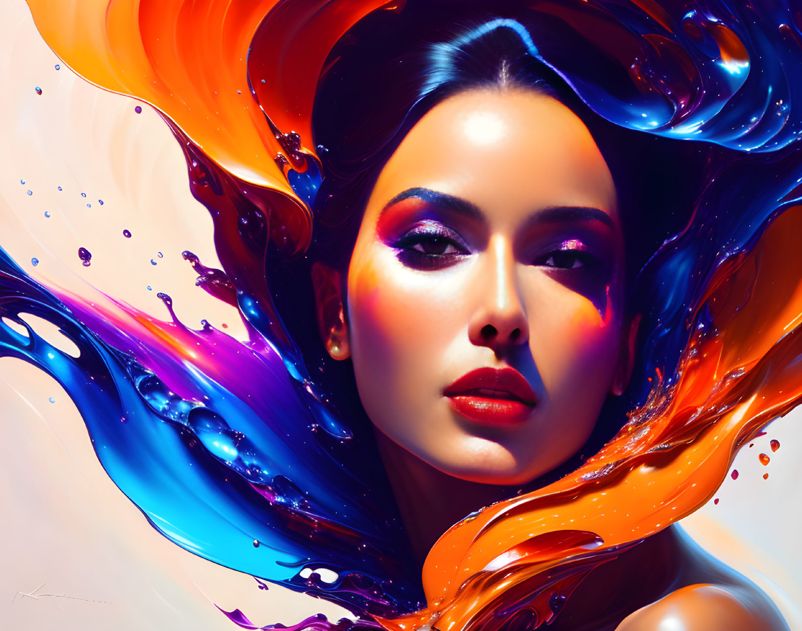 Colorful Digital Artwork: Woman's Face with Swirling Liquid Forms