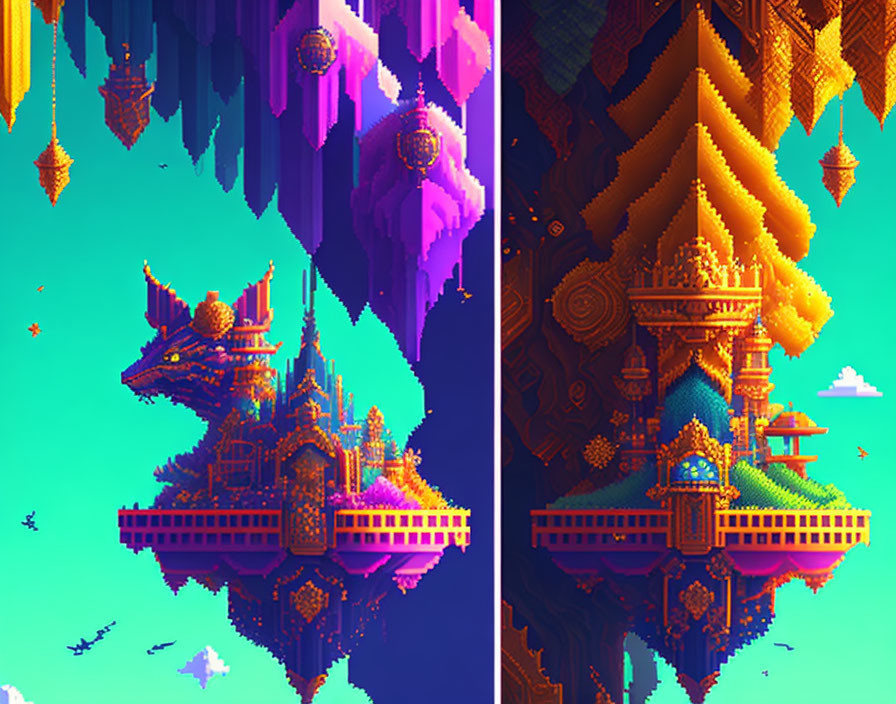 Vibrant pixel-art floating islands with oriental architecture and dragons.