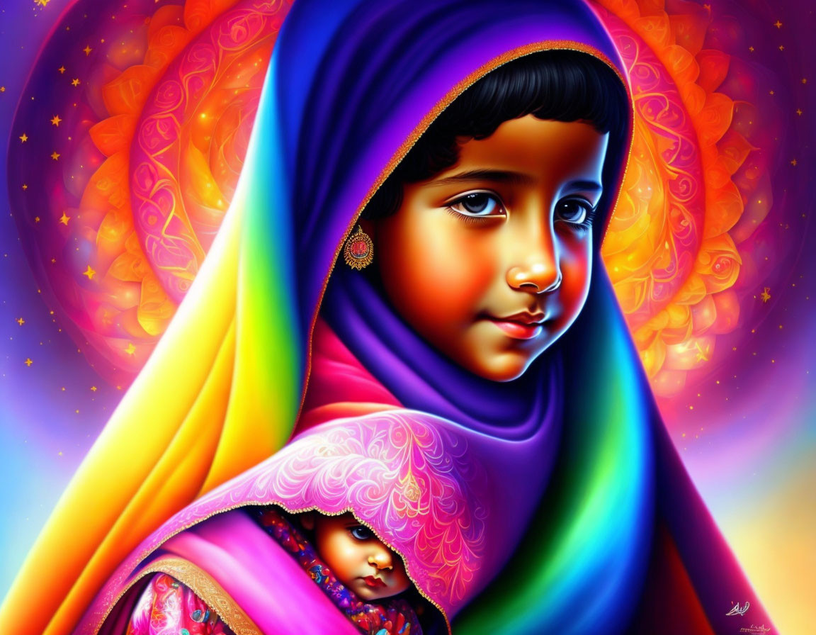 Colorful digital artwork: Young girl with doll in vibrant headscarf against fiery background