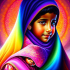 Colorful digital artwork: Young girl with doll in vibrant headscarf against fiery background