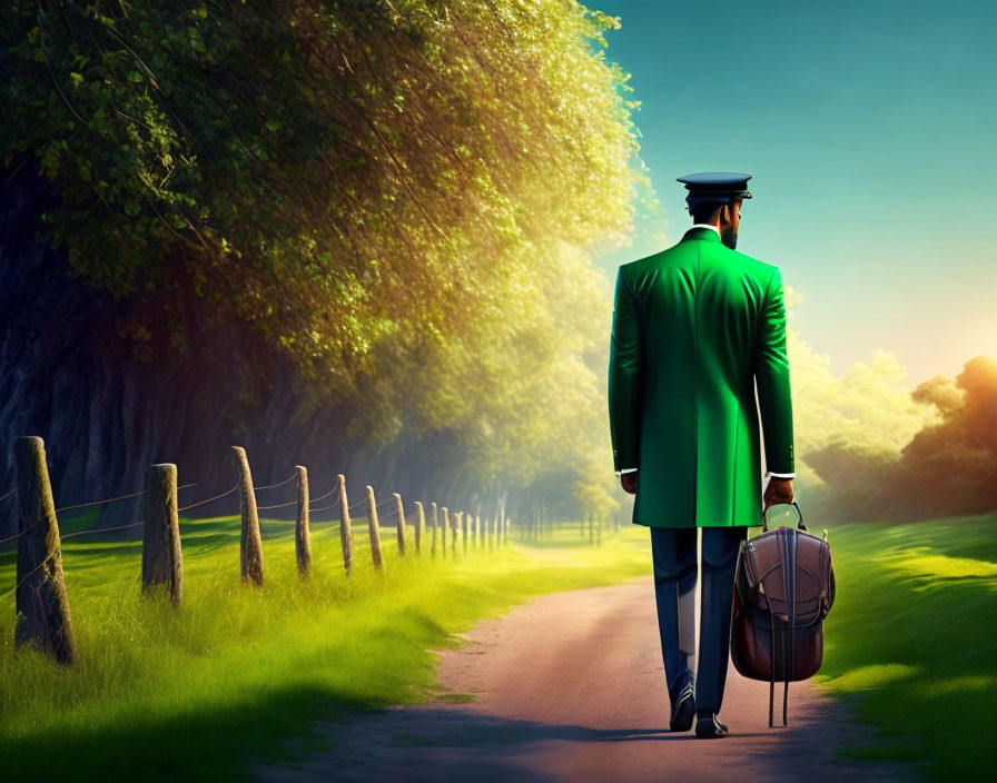 Person in Vibrant Green Suit and Captain's Hat Walking with Suitcase on Scenic Path