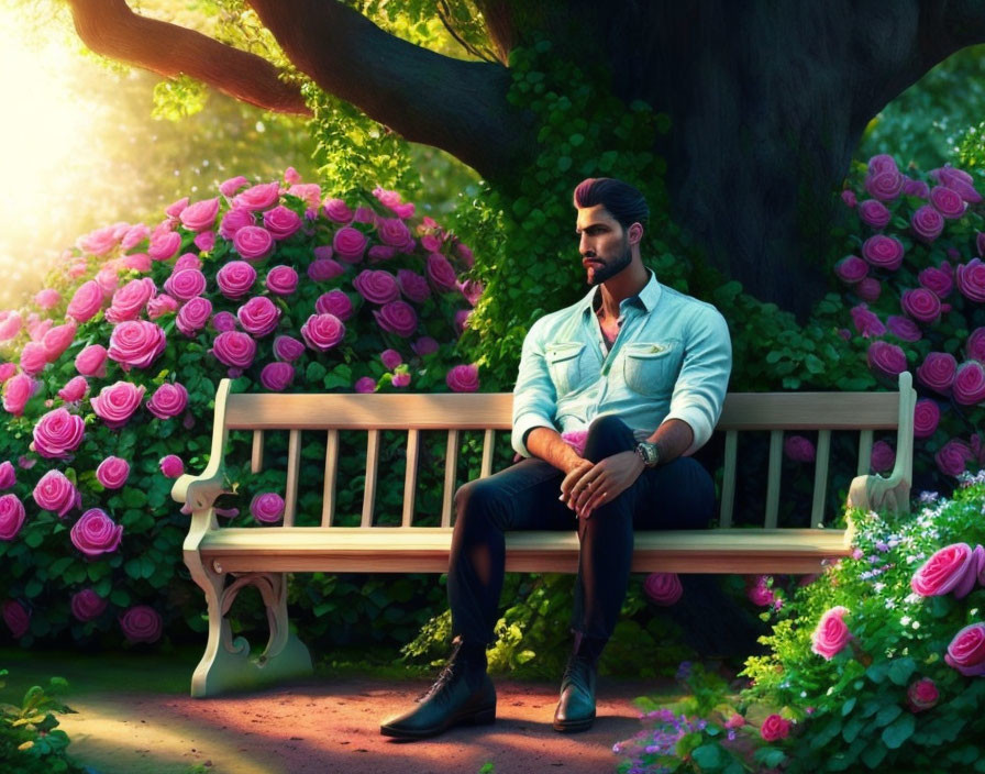 Man sitting on white bench under tree surrounded by pink rose bushes