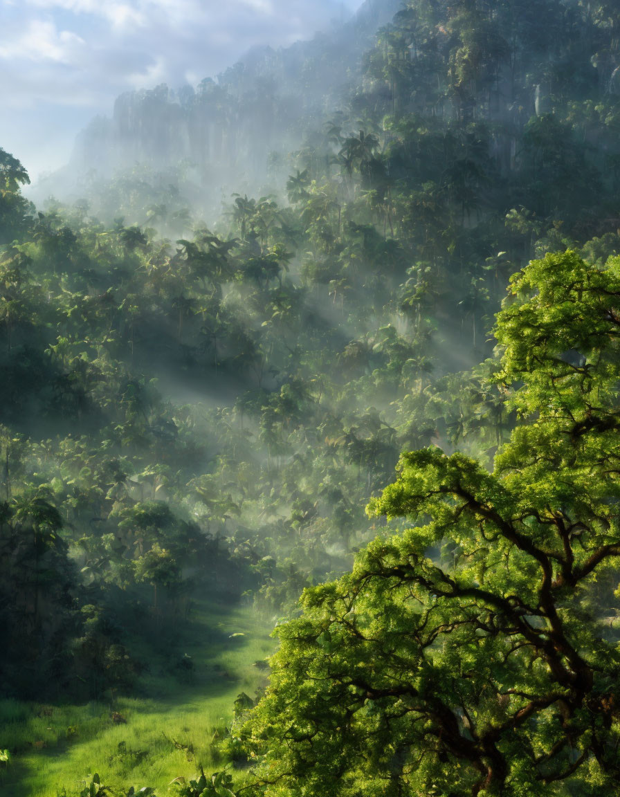 Misty Tropical Forest with Sun Rays and Mountain View