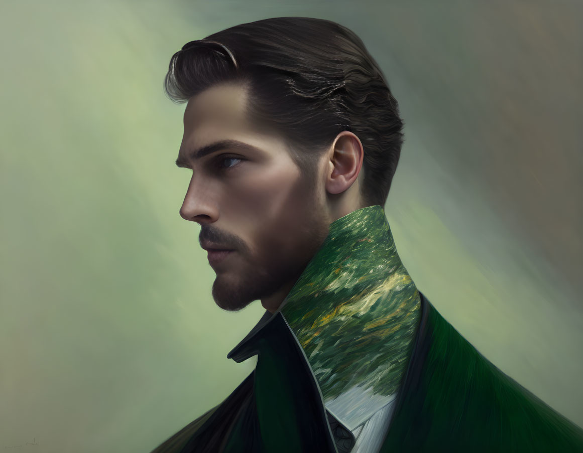 Profile portrait of a man with slicked-back hair and high-collared coat in green forest texture