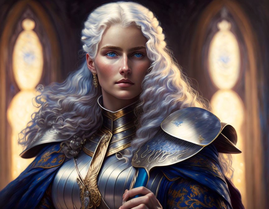 Woman in blue-and-gold armor with blue eyes and silver hair, standing by stained-glass windows