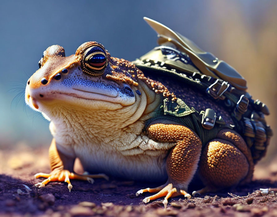 Steampunk-style frog with backpack and goggles in digital art