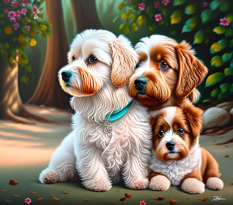 Three Fluffy Dogs Sitting in Tranquil Forest