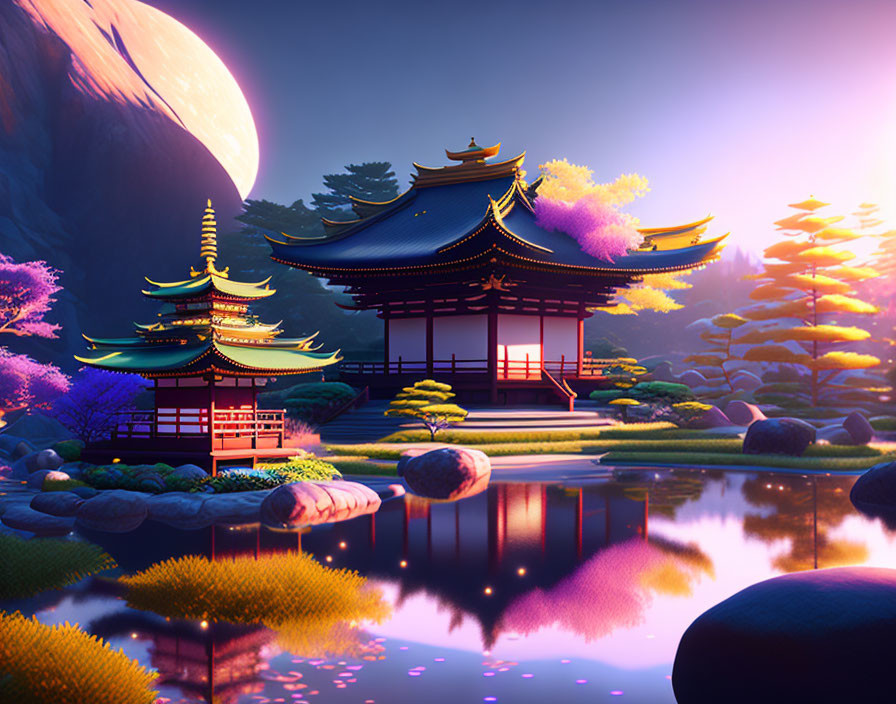 Traditional Japanese pagoda in serene pond setting with pink flora and moonlit sky