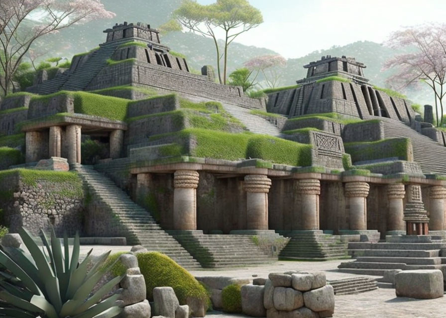 Ancient Mesoamerican Pyramids in Lush Greenery