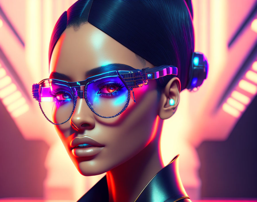 Futuristic digital artwork of a woman with glowing glasses