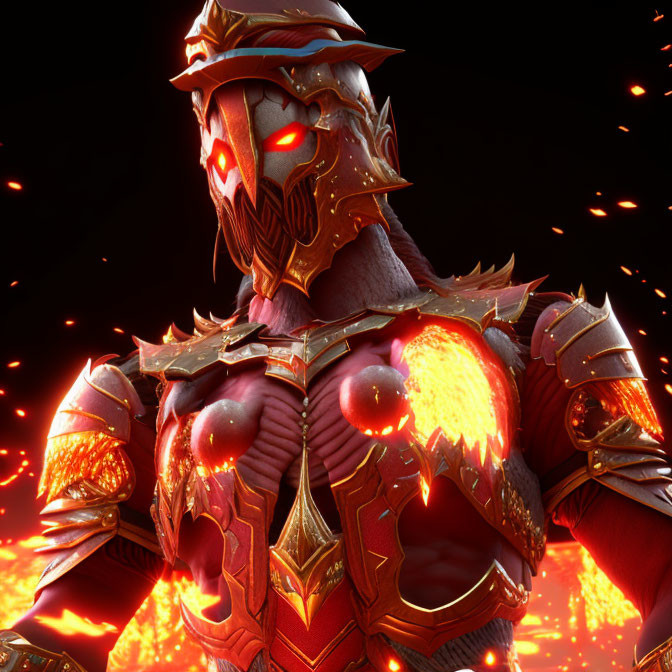 Menacing figure in red and gold armor with glowing eyes and molten energy.