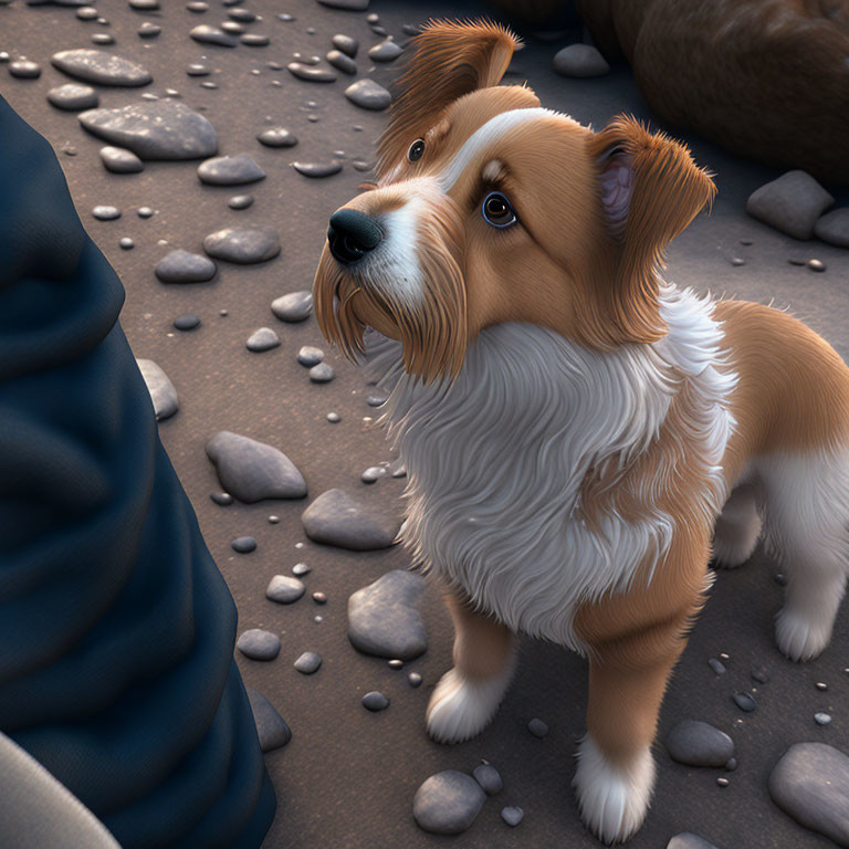 Fluffy Brown and White Dog Standing on Pebbled Surface