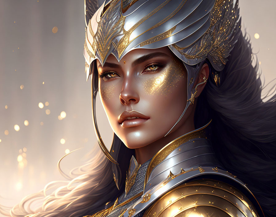 Warrior woman digital artwork with ornate armor & determined expression