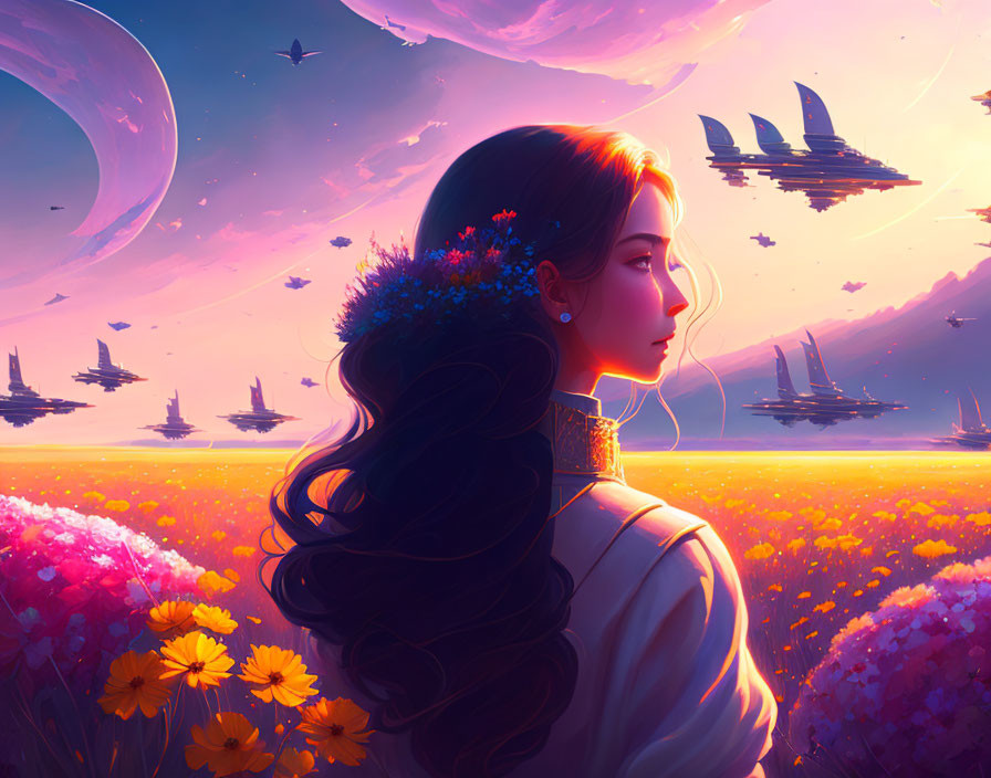 Woman admires surreal sunset sky with floating ships, vibrant flowers, and looming planets.