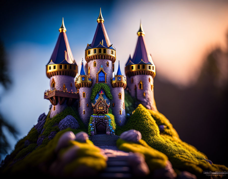 Miniature fairy tale castle on rocky hill amid lush greenery