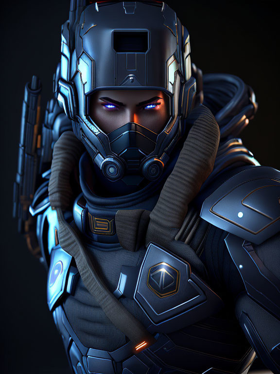 Futuristic soldier in advanced combat armor with glowing purple visor and high-tech weaponry.